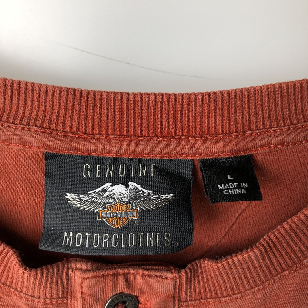 Harley-Davidson Eagle Pattern Henley Neck Motorcycle Back Print Long-Sleeve T-Shirt (Men's Size L) unclear red type reddish brown Vintage Second Hand