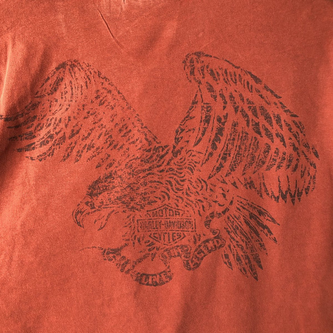 Harley-Davidson Eagle Pattern Henley Neck Motorcycle Back Print Long-Sleeve T-Shirt (Men's Size L) unclear red type reddish brown Vintage Second Hand