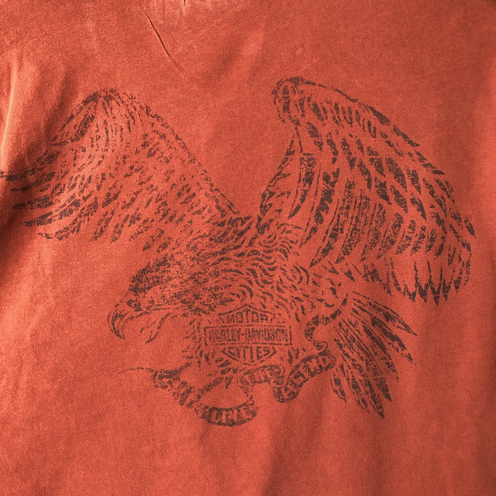Harley-Davidson Eagle Pattern Henley Neck Motorcycle Back Print Long-Sleeve T-Shirt (Men's Size L) unclear red type reddish brown Vintage Second Hand