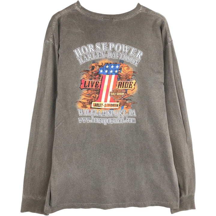 2000'S Harley-Davidson Stars and Stripes Fire Pattern Long-Sleeve T-Shirt (Men's XXL equivalent) unclear gray type Vintage Second Hand