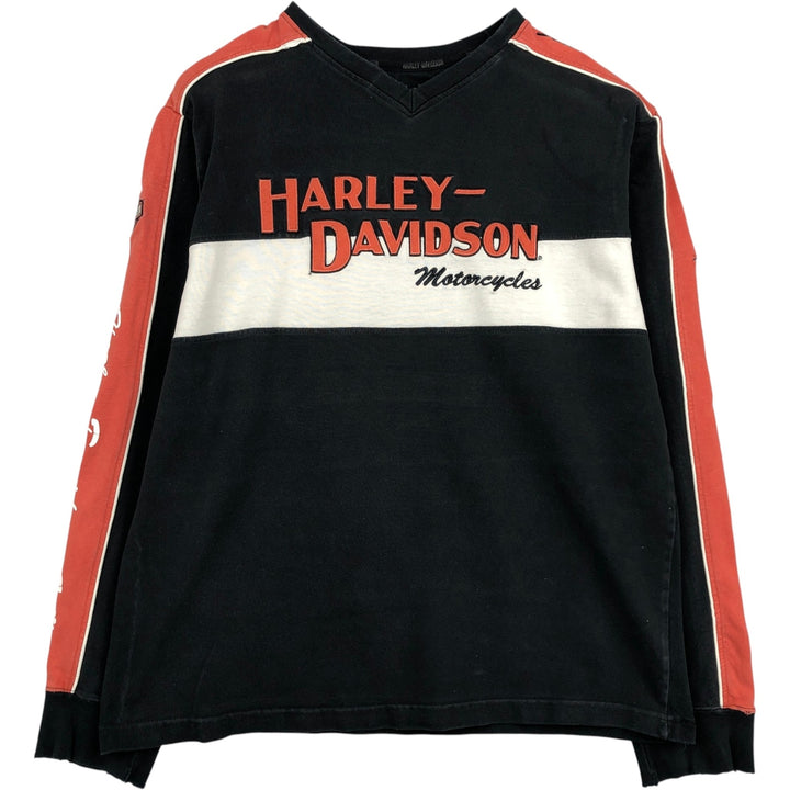 Harley-Davidson American flag pattern motorcycle V-neck long-sleeved T-shirt (Men's size L equivalent) cotton black type Vintage Second Hand