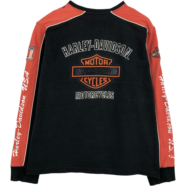 Harley-Davidson American flag pattern motorcycle V-neck long-sleeved T-shirt (Men's size L equivalent) cotton black type Vintage Second Hand