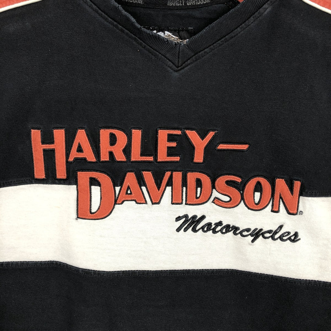 Harley-Davidson American flag pattern motorcycle V-neck long-sleeved T-shirt (Men's size L equivalent) cotton black type Vintage Second Hand