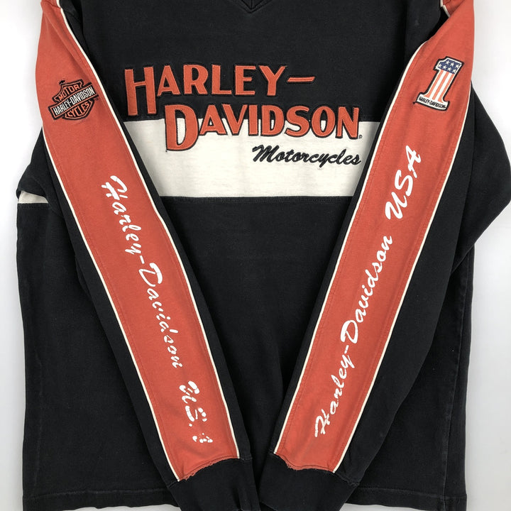 Harley-Davidson American flag pattern motorcycle V-neck long-sleeved T-shirt (Men's size L equivalent) cotton black type Vintage Second Hand