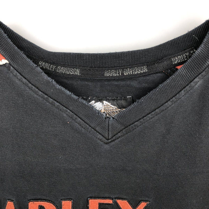 Harley-Davidson American flag pattern motorcycle V-neck long-sleeved T-shirt (Men's size L equivalent) cotton black type Vintage Second Hand