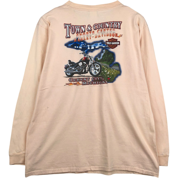 2000'S Harley-Davidson Fire Pattern Motorcycle Long-Sleeve T-Shirt, Made in USA, Men's Size XL (approx.) cotton orange type Vintage Second Hand