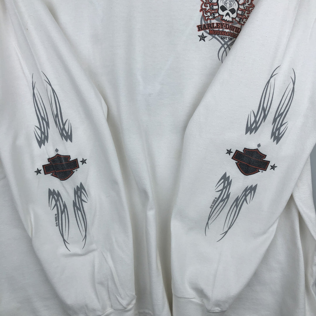 2000'S Harley-Davidson Skull Pattern Fire Pattern Motorcycle Long-Sleeve T-Shirt (Men's XL equivalent) cotton white type Vintage Second Hand