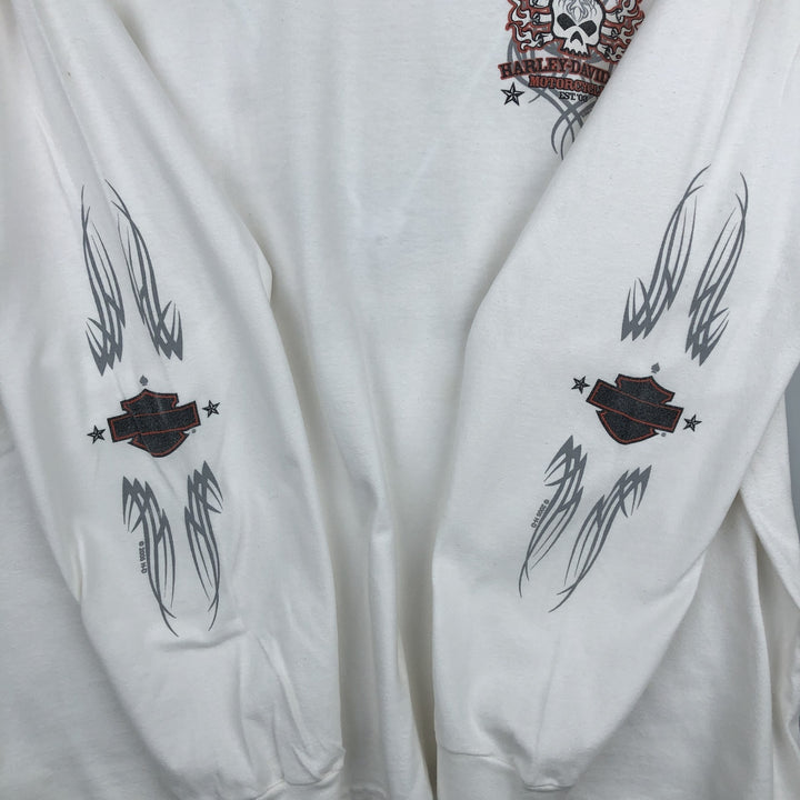 2000'S Harley-Davidson Skull Pattern Fire Pattern Motorcycle Long-Sleeve T-Shirt (Men's XL equivalent) cotton white type Vintage Second Hand