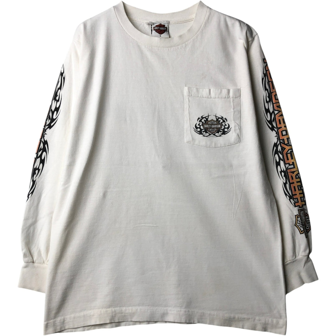 2000'S Harley-Davidson Tribal Motorcycle Long-Sleeve T-Shirt, Made in USA, Men's Size M (approx.) cotton white type Vintage Second Hand