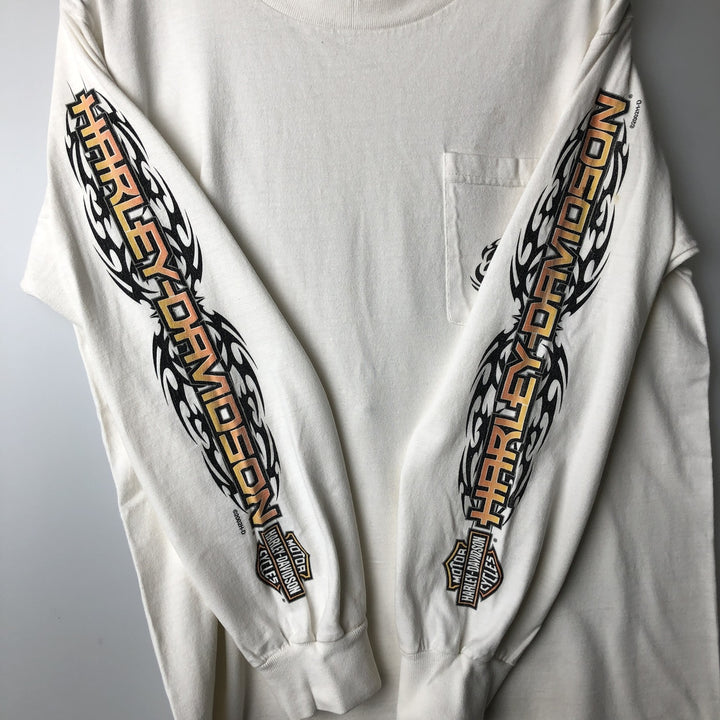 2000'S Harley-Davidson Tribal Motorcycle Long-Sleeve T-Shirt, Made in USA, Men's Size M (approx.) cotton white type Vintage Second Hand