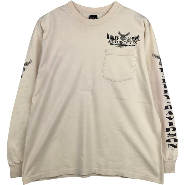 90'S Harley-Davidson Eagle Pattern Motorcycle Long-Sleeve T-Shirt, Made in USA, Men's Size L (approx.) cotton Beige type Vintage Second Hand