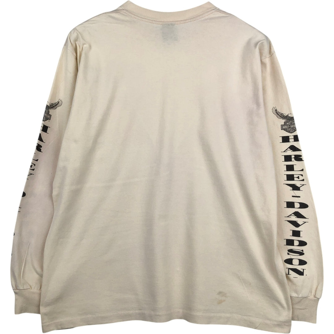 90'S Harley-Davidson Eagle Pattern Motorcycle Long-Sleeve T-Shirt, Made in USA, Men's Size L (approx.) cotton Beige type Vintage Second Hand