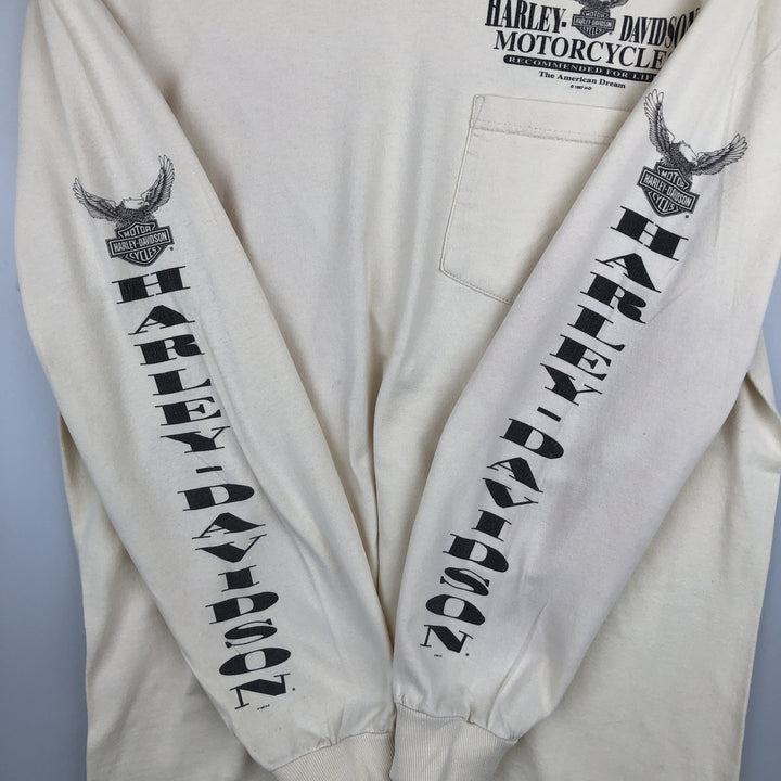 90'S Harley-Davidson Eagle Pattern Motorcycle Long-Sleeve T-Shirt, Made in USA, Men's Size L (approx.) cotton Beige type Vintage Second Hand