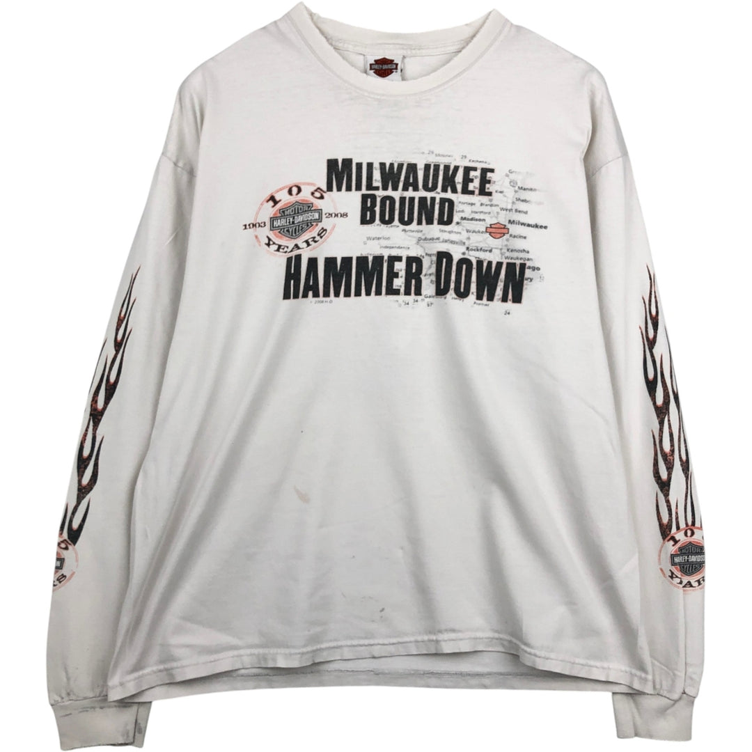 2000'S Harley-Davidson Fire Pattern Long Sleeve T-Shirt, Made in USA, Men's Size XL cotton white type Vintage Second Hand