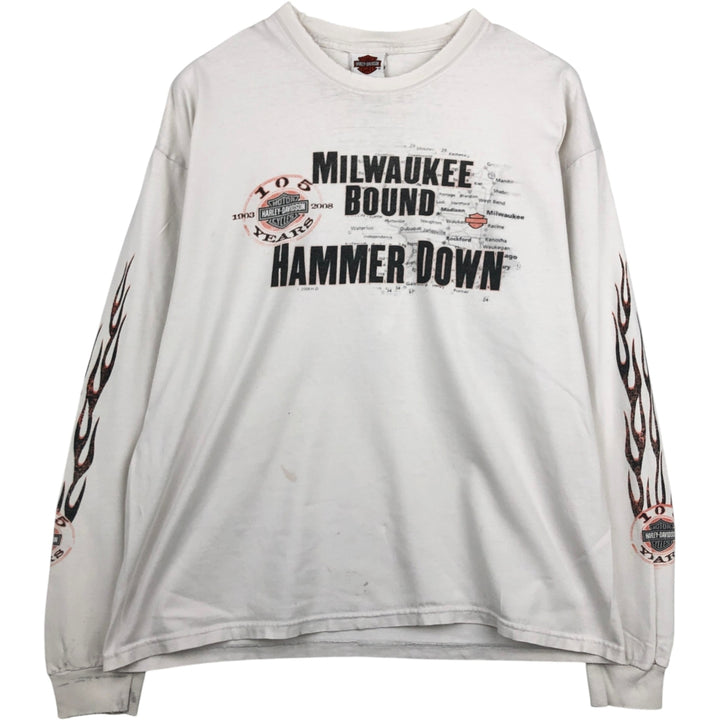 2000'S Harley-Davidson Fire Pattern Long Sleeve T-Shirt, Made in USA, Men's Size XL cotton white type Vintage Second Hand