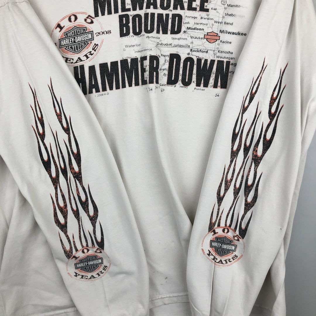 2000'S Harley-Davidson Fire Pattern Long Sleeve T-Shirt, Made in USA, Men's Size XL cotton white type Vintage Second Hand