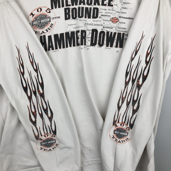 2000'S Harley-Davidson Fire Pattern Long Sleeve T-Shirt, Made in USA, Men's Size XL cotton white type Vintage Second Hand