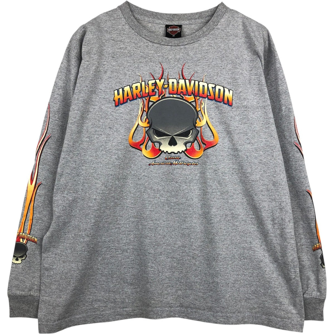 2000'S Harley-Davidson Fire Pattern Skull Pattern Long-Sleeve T-Shirt (Men's XXL equivalent) unclear gray type Vintage Second Hand