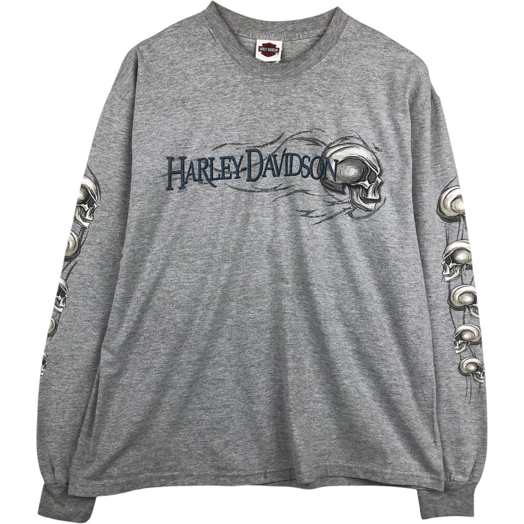 2000'S Harley-Davidson Skull Pattern Motorcycle Long-Sleeve T-Shirt, Made in USA, Men's XL equivalent. cotton gray type Vintage Second Hand