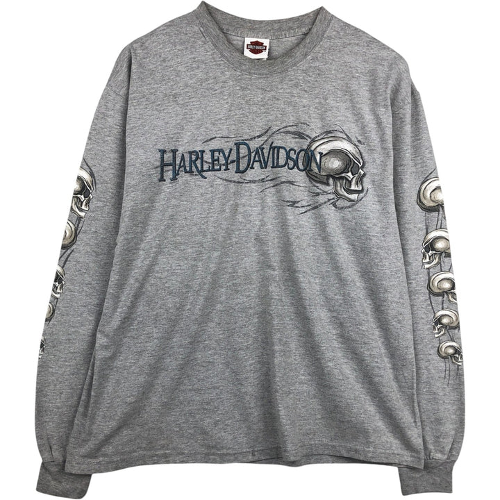 2000'S Harley-Davidson Skull Pattern Motorcycle Long-Sleeve T-Shirt, Made in USA, Men's XL equivalent. cotton gray type Vintage Second Hand
