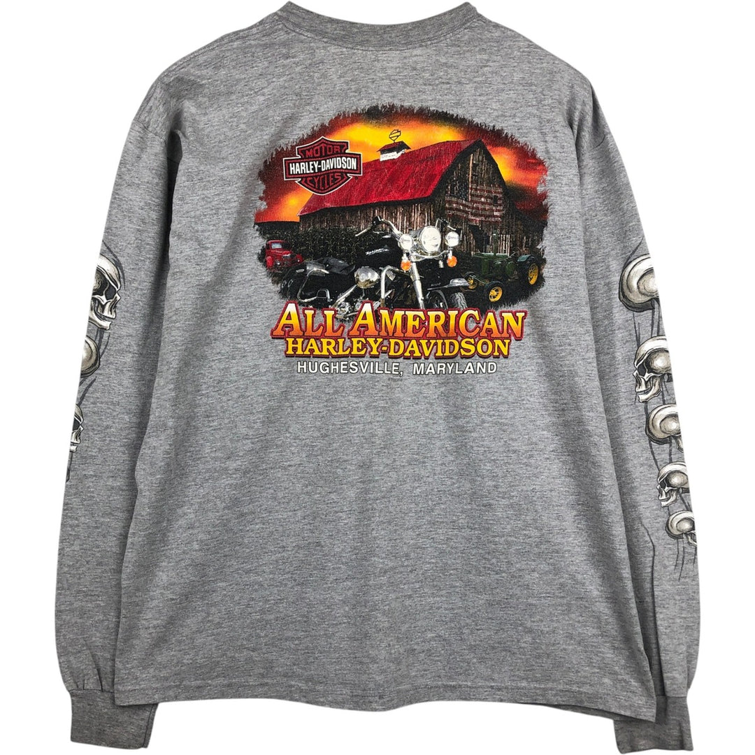2000'S Harley-Davidson Skull Pattern Motorcycle Long-Sleeve T-Shirt, Made in USA, Men's XL equivalent. cotton gray type Vintage Second Hand