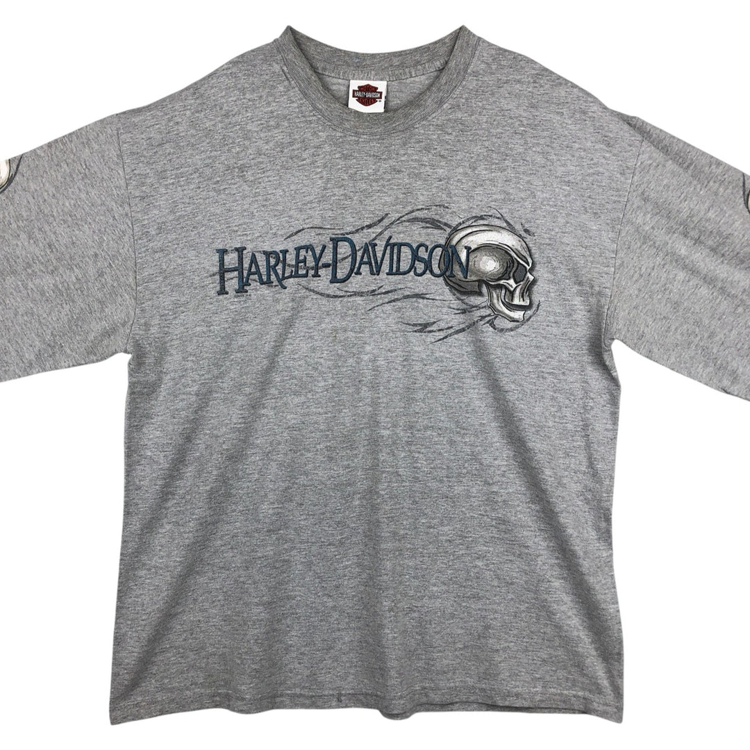 2000'S Harley-Davidson Skull Pattern Motorcycle Long-Sleeve T-Shirt, Made in USA, Men's XL equivalent. cotton gray type Vintage Second Hand