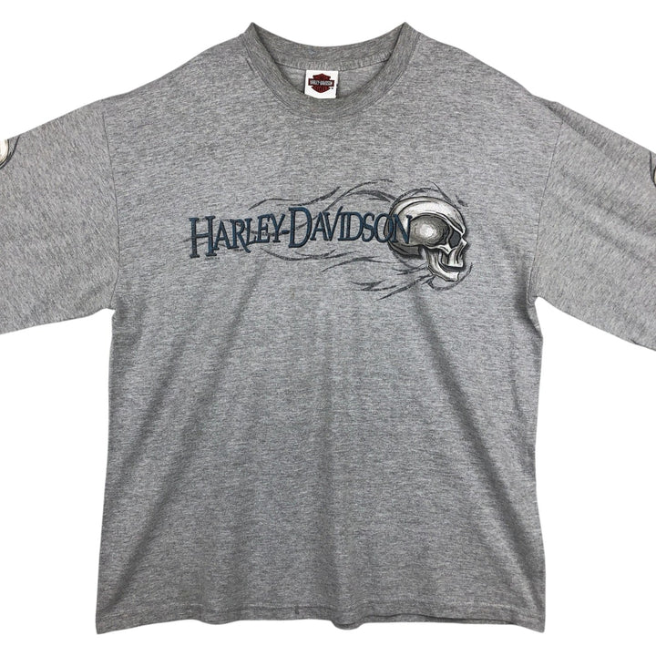 2000'S Harley-Davidson Skull Pattern Motorcycle Long-Sleeve T-Shirt, Made in USA, Men's XL equivalent. cotton gray type Vintage Second Hand
