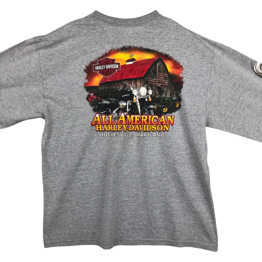 2000'S Harley-Davidson Skull Pattern Motorcycle Long-Sleeve T-Shirt, Made in USA, Men's XL equivalent. cotton gray type Vintage Second Hand