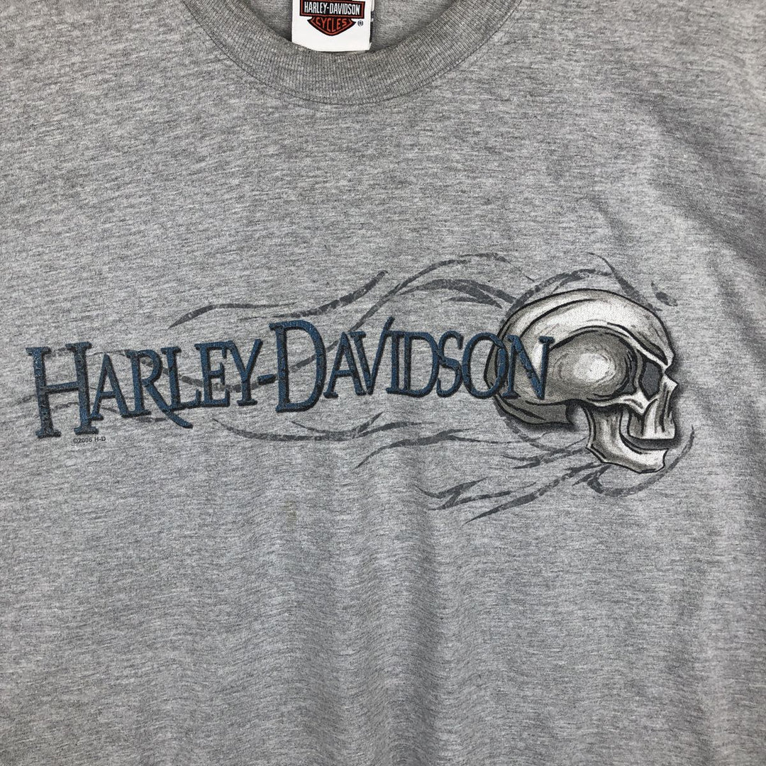 2000'S Harley-Davidson Skull Pattern Motorcycle Long-Sleeve T-Shirt, Made in USA, Men's XL equivalent. cotton gray type Vintage Second Hand