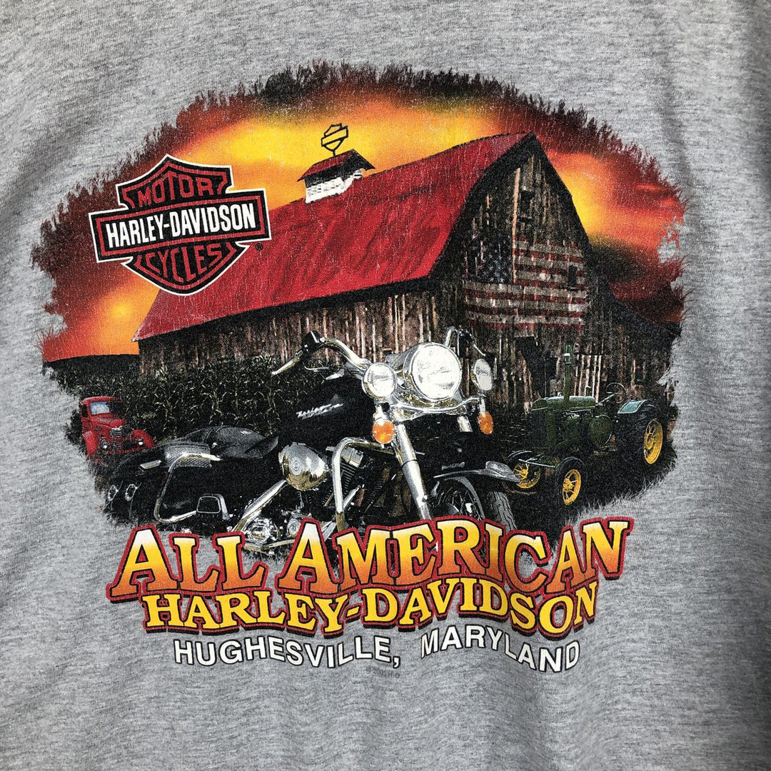 2000'S Harley-Davidson Skull Pattern Motorcycle Long-Sleeve T-Shirt, Made in USA, Men's XL equivalent. cotton gray type Vintage Second Hand