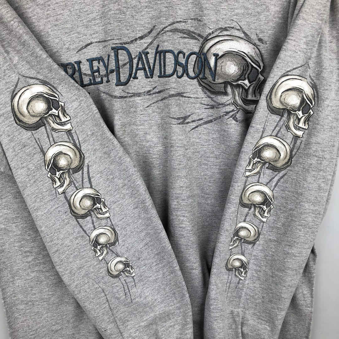 2000'S Harley-Davidson Skull Pattern Motorcycle Long-Sleeve T-Shirt, Made in USA, Men's XL equivalent. cotton gray type Vintage Second Hand