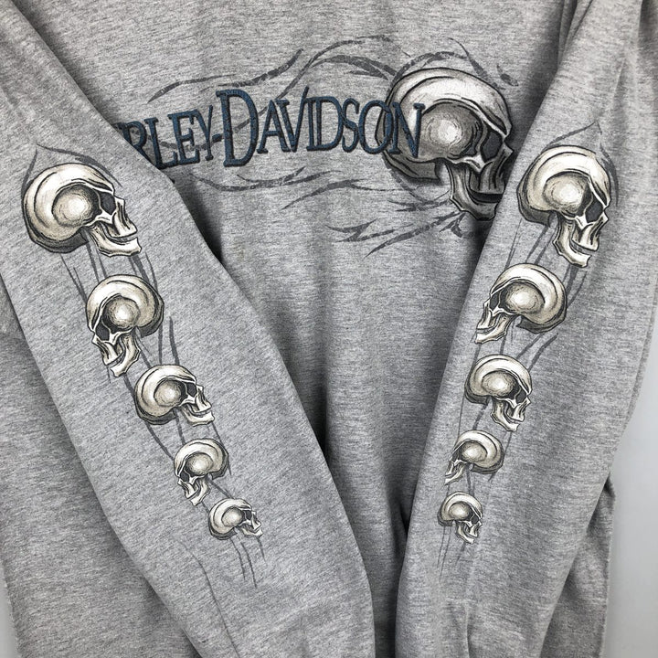 2000'S Harley-Davidson Skull Pattern Motorcycle Long-Sleeve T-Shirt, Made in USA, Men's XL equivalent. cotton gray type Vintage Second Hand