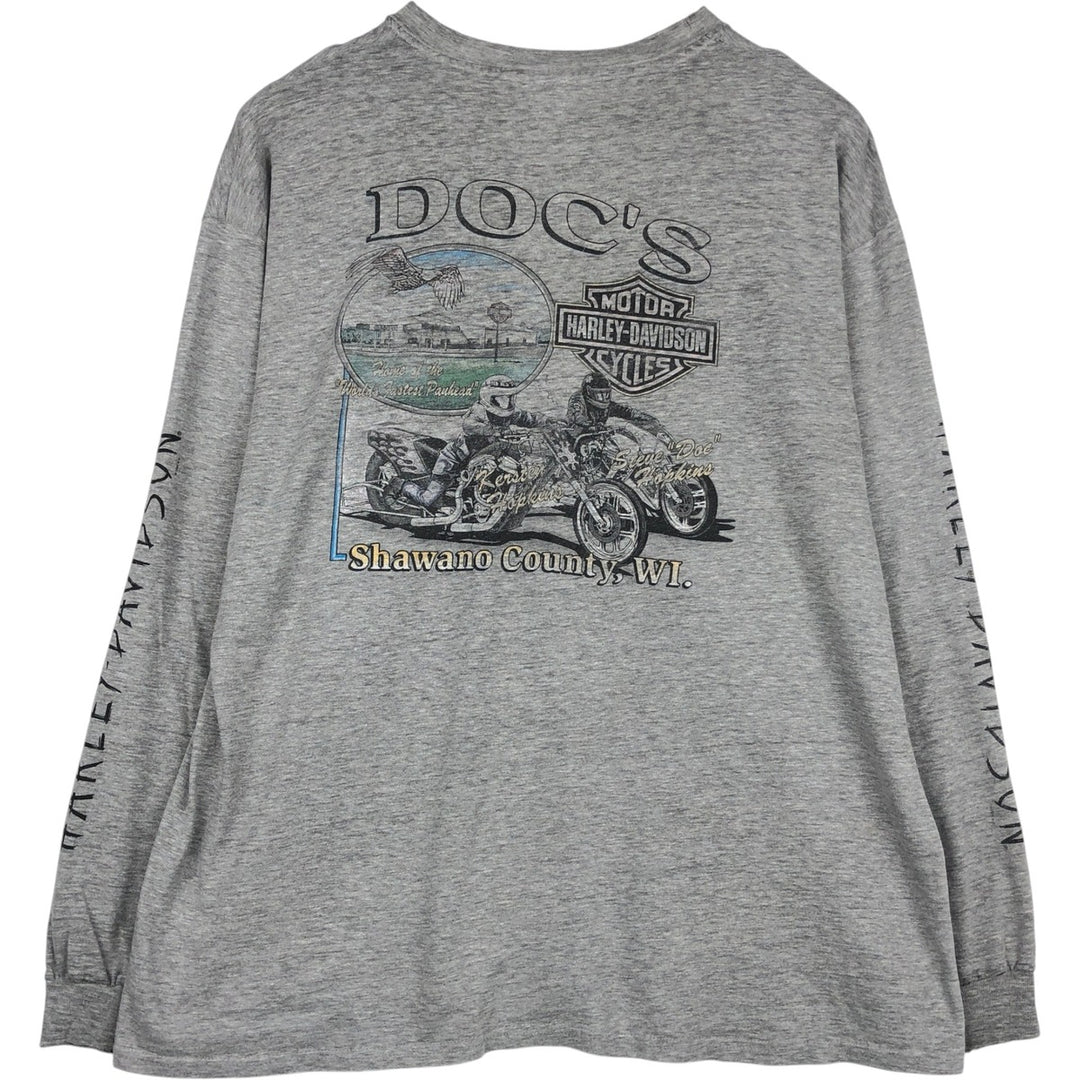 Hanes Harley-Davidson Eagle Pattern Long-Sleeve T-Shirt, Made in USA, Men's XXL equivalent. cotton gray type Vintage Second Hand