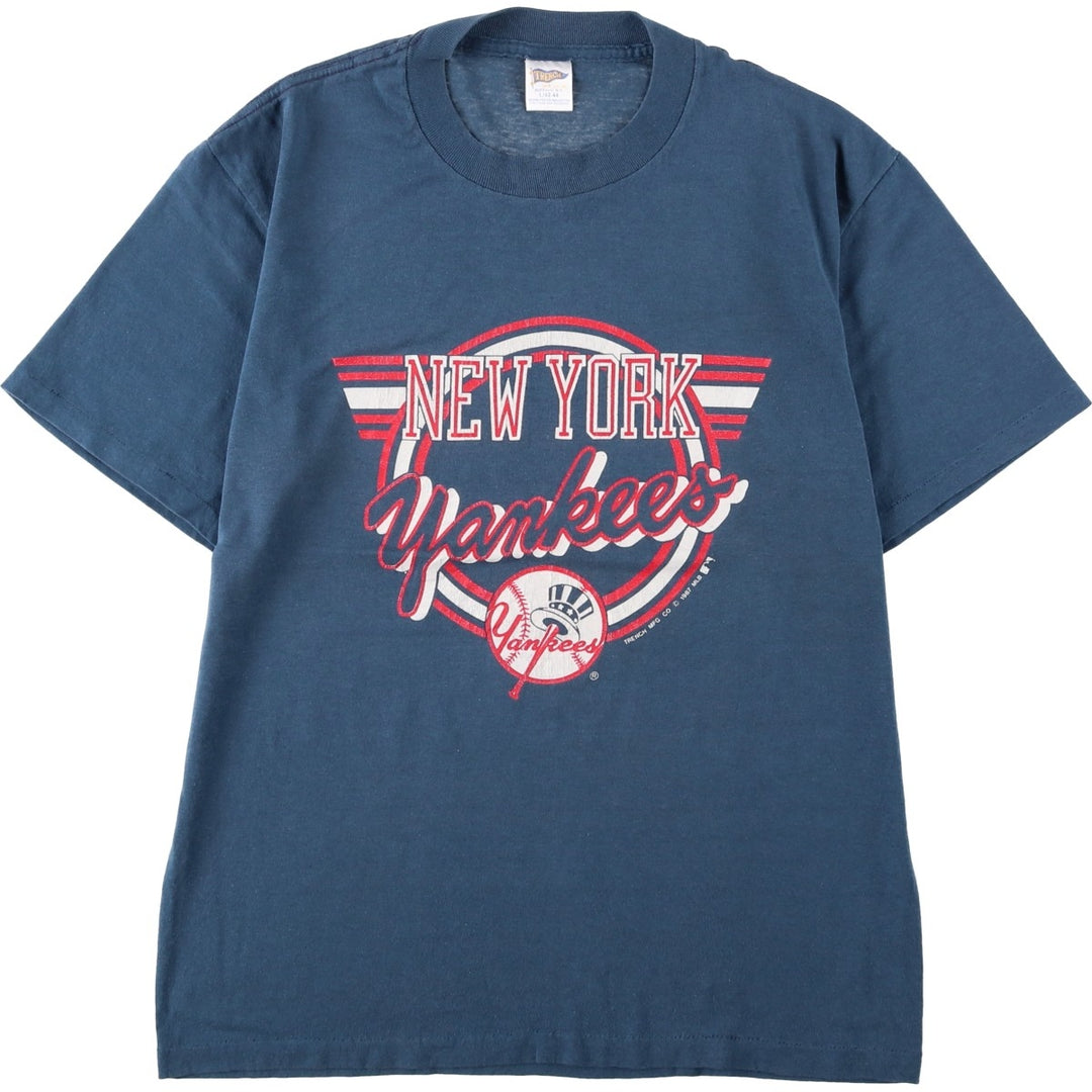 80'S TRENCH MLB NEW YORK YANKEES Sports Print T-Shirt, Made in USA, Men's Size L (Equivalent), Vintage cotton Navy blue Vintage Second Hand