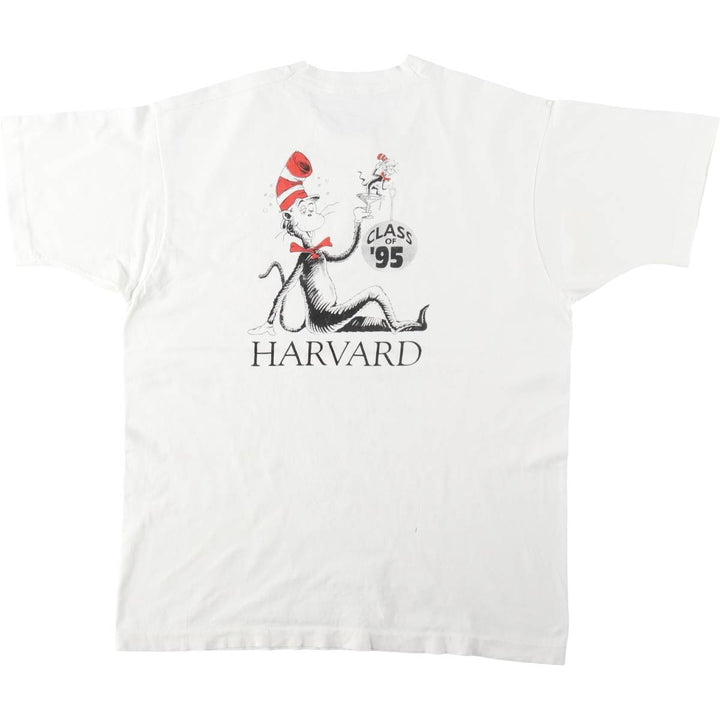 90'S Harvard University Cat in the Hat College Character Print T-Shirt, Men's Size L (approx.) unclear white type Vintage Second Hand