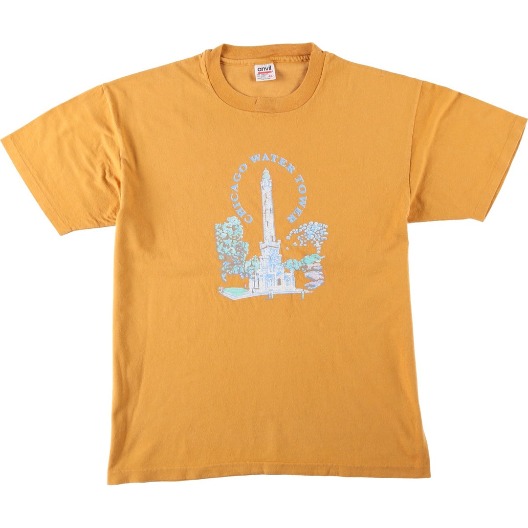 90'S Anvil Printed T-shirt Made in USA Men's XL Vintage cotton ocher yellow type Vintage Second Hand