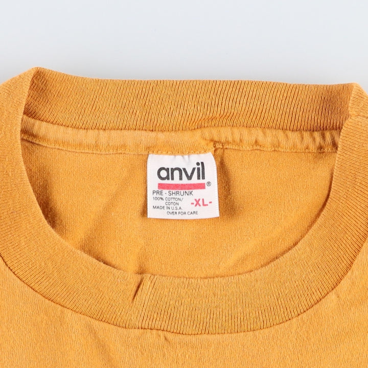 90'S Anvil Printed T-shirt Made in USA Men's XL Vintage cotton ocher yellow type Vintage Second Hand