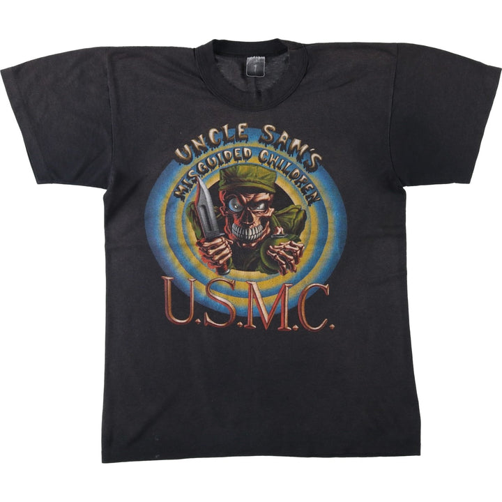 90'S USMC UNCLE SAM'S MISGUIDED CHILDREN Print Skull Pattern Military Print T-Shirt (Men's Size S) unclear black type Vintage Second Hand