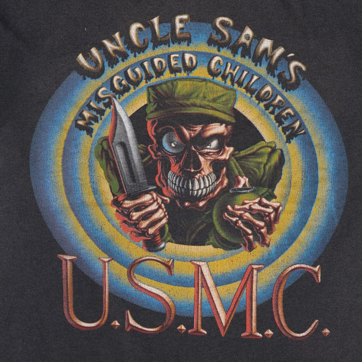 90'S USMC UNCLE SAM'S MISGUIDED CHILDREN Print Skull Pattern Military Print T-Shirt (Men's Size S) unclear black type Vintage Second Hand