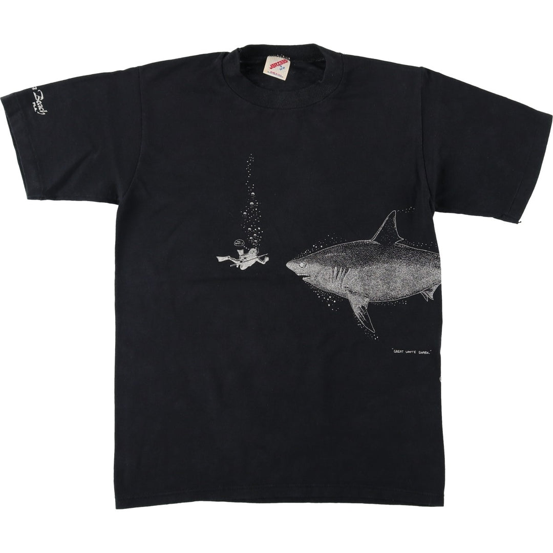 80s-90'S Jerzees Shark Pattern Animal T-Shirt, Made in USA, Men's Size S (approx.), Vintage cotton black type Vintage Second Hand