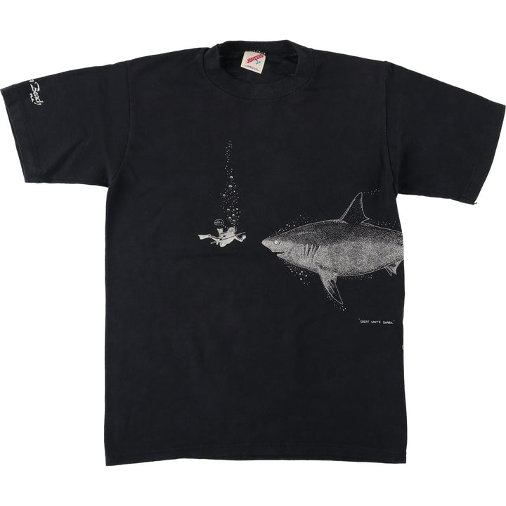 80s-90'S Jerzees Shark Pattern Animal T-Shirt, Made in USA, Men's Size S (approx.), Vintage cotton black type Vintage Second Hand