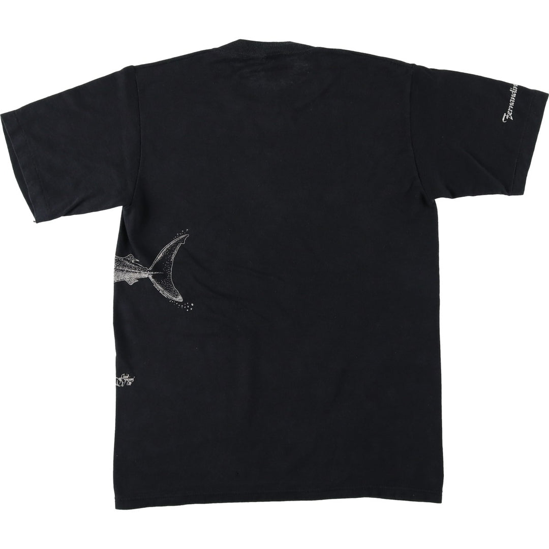 80s-90'S Jerzees Shark Pattern Animal T-Shirt, Made in USA, Men's Size S (approx.), Vintage cotton black type Vintage Second Hand