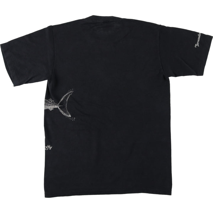 80s-90'S Jerzees Shark Pattern Animal T-Shirt, Made in USA, Men's Size S (approx.), Vintage cotton black type Vintage Second Hand