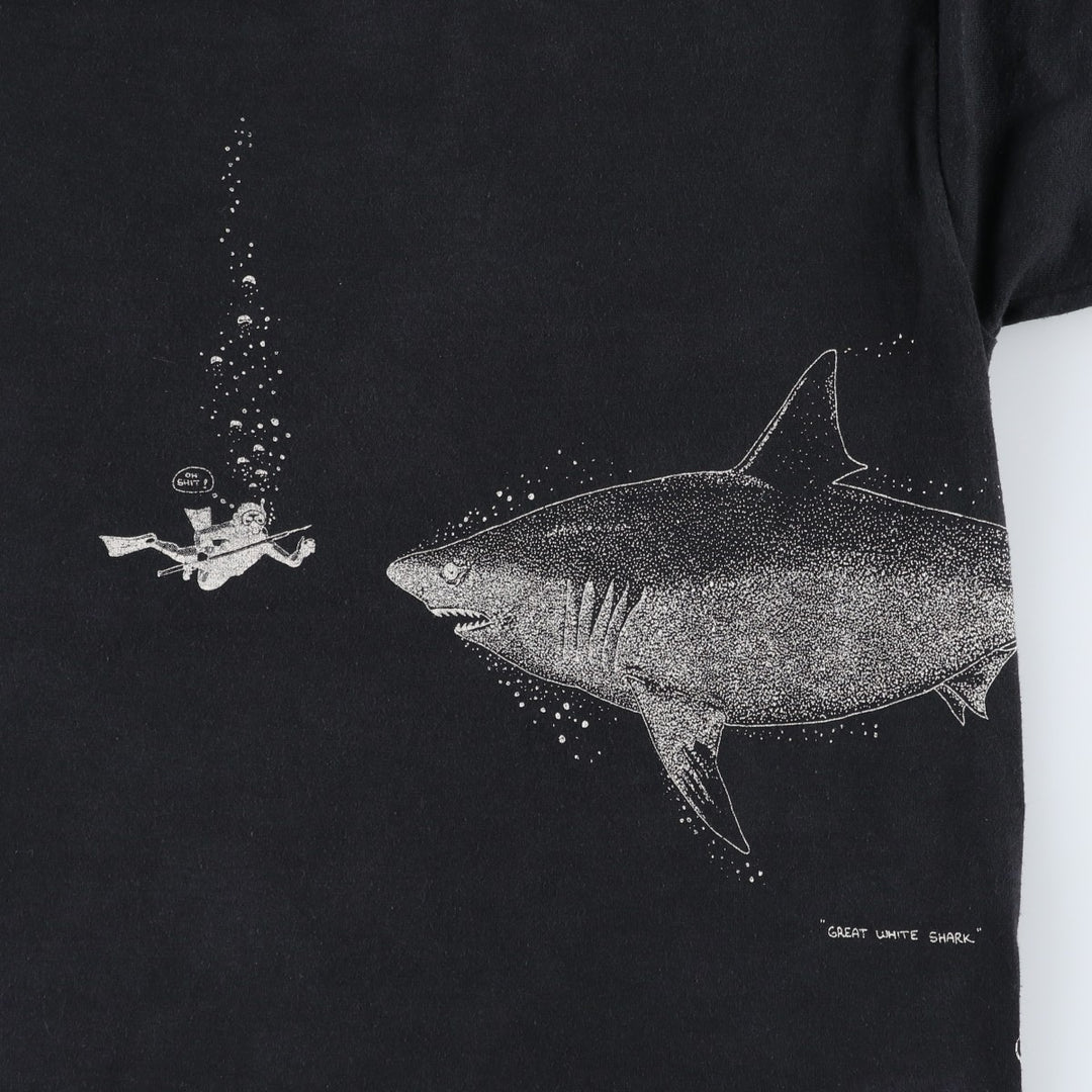 80s-90'S Jerzees Shark Pattern Animal T-Shirt, Made in USA, Men's Size S (approx.), Vintage cotton black type Vintage Second Hand