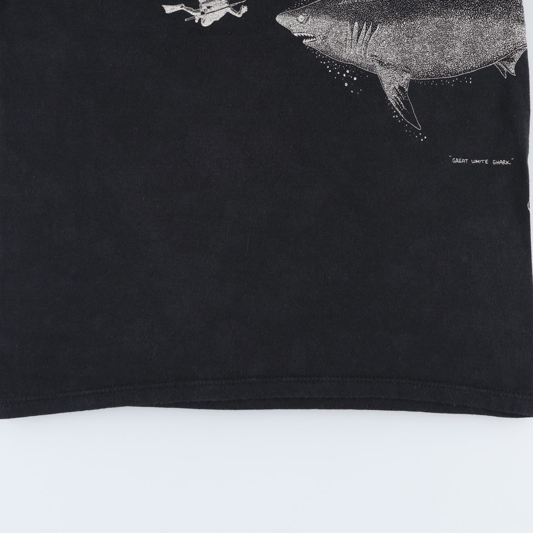 80s-90'S Jerzees Shark Pattern Animal T-Shirt, Made in USA, Men's Size S (approx.), Vintage cotton black type Vintage Second Hand