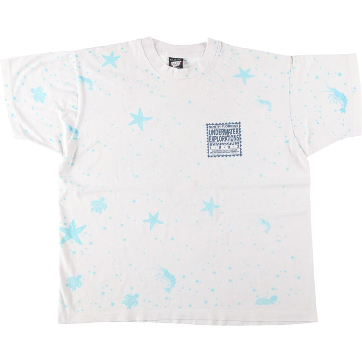 90'S Screen Stars All-Over Print T-Shirt, Made in USA, Men's XXL equivalent, Vintage cotton white type Vintage Second Hand