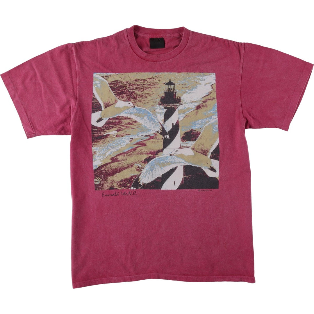 90'S Touch of Gold bird print T-shirt, men's size L equivalent, vintage. cotton Red type red-purple Vintage Second Hand