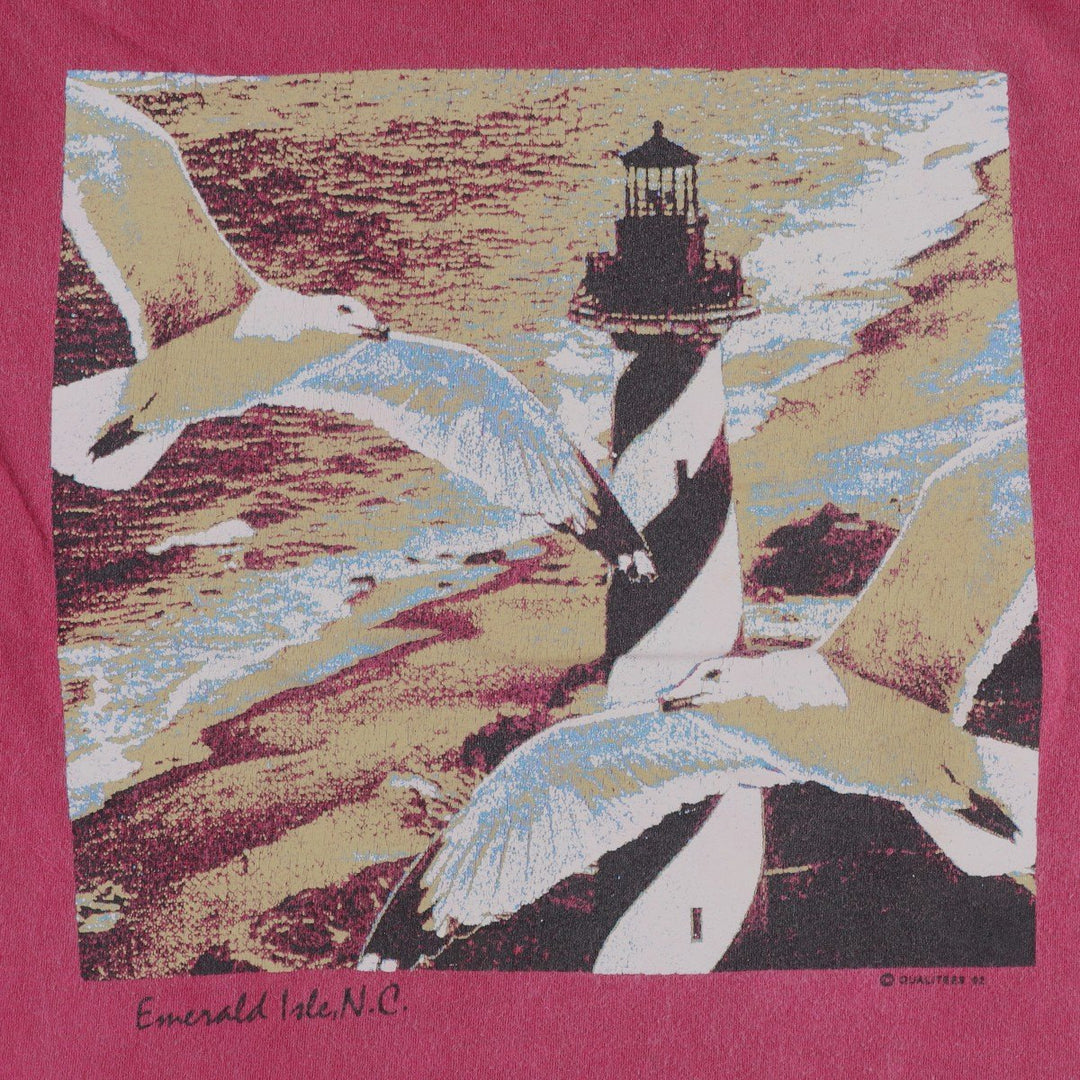 90'S Touch of Gold bird print T-shirt, men's size L equivalent, vintage. cotton Red type red-purple Vintage Second Hand