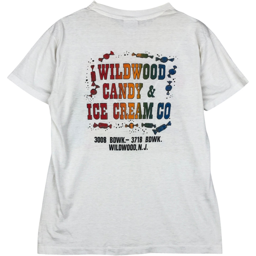 80'S Hanes Fifty-Fifty Blue Tag WILDWOOD CANDY and ICE CREAM CO Print T-Shirt, Made in USA, Men's Size L (approx.) cotton white type Vintage Second Hand