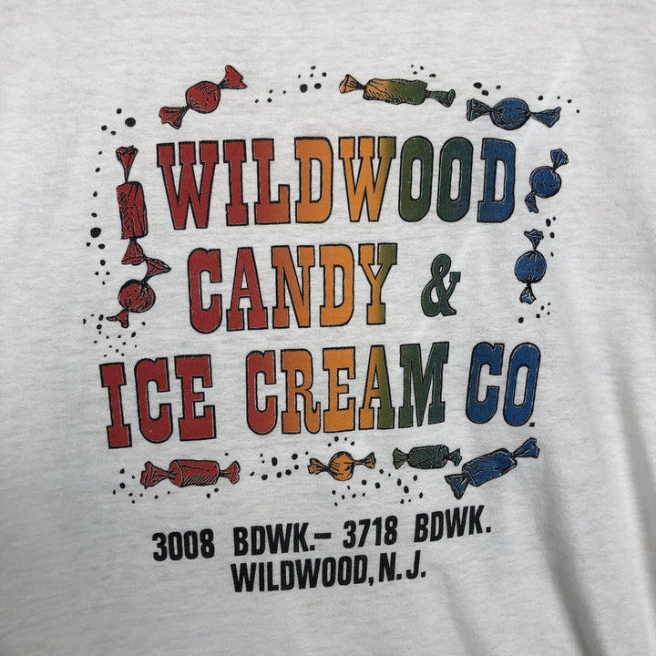 80'S Hanes Fifty-Fifty Blue Tag WILDWOOD CANDY and ICE CREAM CO Print T-Shirt, Made in USA, Men's Size L (approx.) cotton white type Vintage Second Hand